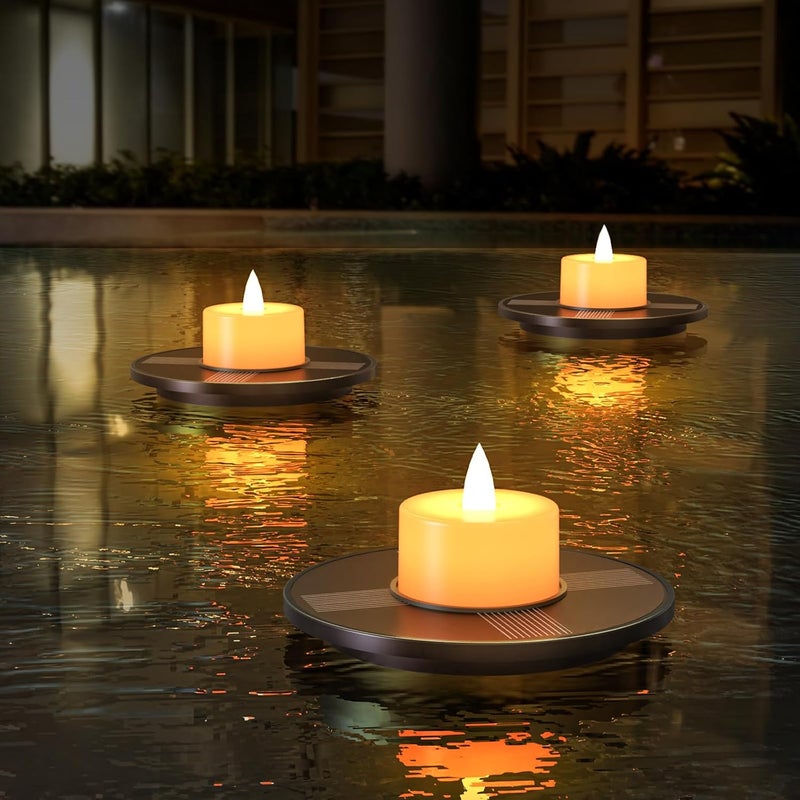 UUFFOO Solar Floating Pool Candle Lights, 3-Pack Solar-Powered Small Floating Candles Outdoor Tealights for Ponds, Spas, Patio, Backyard, Hot Tub, Garden Parties - Image 1